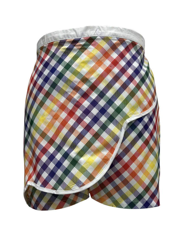 Front of a size 3X Smak Parlour Rainbow Gingham Faux Wrap Scalloped Skort in Rainbow by Smak Parlour. | dia_product_style_image_id:298646